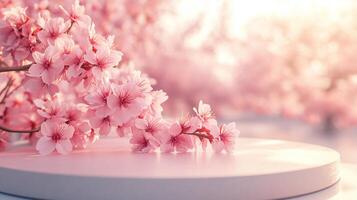 A round podium with pink sakura flowers on it, a blurred background with blooming cherry. 8 photo