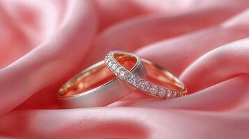 A pair of gold wedding rings on pink fabric, a romantic and dreamy background. 12 photo