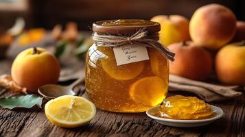 A jar of golden quince marmalade, decorated with a rustic twine bow. 12 photo