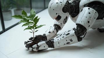 A humanoid robot planting a sapling. Mechanical hands holding the plant. 11 photo