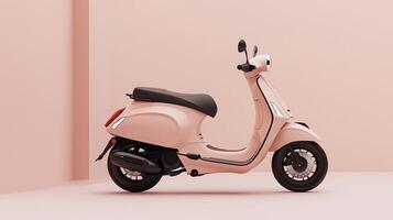 The beige scooter with an ergonomic seat against a minimalistic pastel background. 11 photo