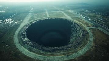 Very large, circular, dark, empty, bottomless sinkhole in the middle of an airfield strip. 5 photo