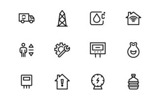 Public Utilities Icon set bundle. Clean, Editable Line Icons for Energy, Water Supply, Waste Management vector