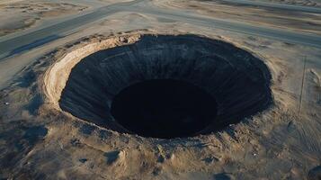 Very large, circular, dark, empty, bottomless sinkhole in the middle of an airfield strip. 6 photo