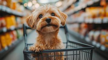 A dog in a grocery cart in a store. Pet friendly concept. 11 photo