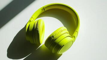 Wireless headphones in a bright neon yellow, placed on a white surface. 13 photo
