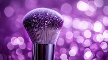 A makeup brush with glitter on the bristles, set against a purple bokeh background. 13 photo