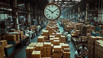 A clock hangs in the center of an Indian factory hall, surrounded by boxes and workers. 3 photo