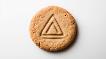 Circular cookie with the triangle simple icon on it, isolated on solid white background. 10 photo