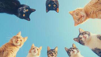 From a bottom-up perspective, eight cats form a circle and the on the background. 13 photo