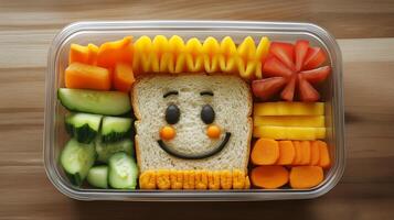 Childs lunch box featuring a fun arrangement of healthy foods, including a smiling sandwich. 6 photo