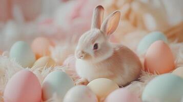 Cute little bunny with pastel-colored Easter eggs. 13 photo