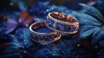 A set of two luxurious rings with intricate details, resting on dark leaves. 3 photo