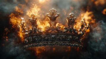 A majestic fantasy king's crown on a back smoky background. 7 photo