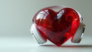 A red heart with white headphones on a white background. 6 photo