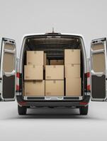 Modern delivery van with open doors, and cardboard boxes inside, isolated on a light background. photo