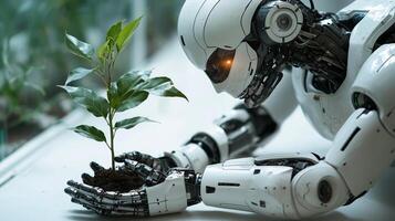 A humanoid robot planting a sapling. Mechanical hands holding the plant. 12 photo