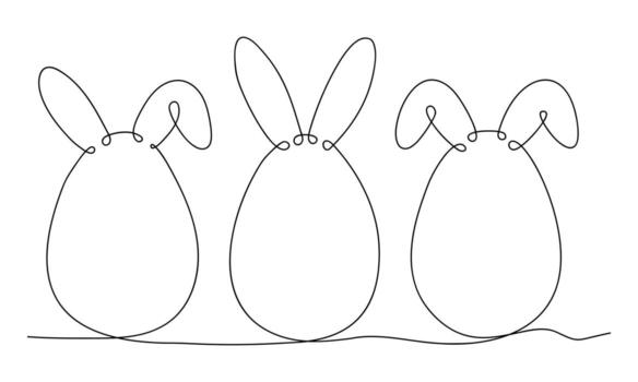 Three Easter eggs with bunny ears in one continuous line vector