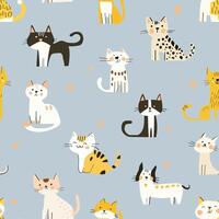 Seamless pattern of cute cartoon cats on a soft blue background with small hearts, designed in a flat and minimalist hand drawn style vector