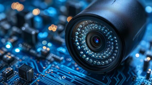A CCTV camera against the backdrop of a blue digital circuit board. 3 photo