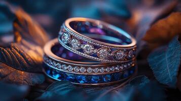 A set of two luxurious rings with intricate details, resting on dark leaves. 4 photo