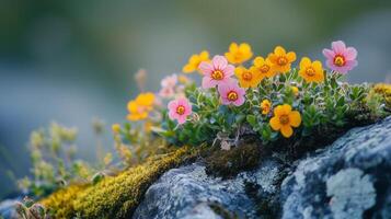 Beautiful closeup of flowers, moss and tree leaves on top of a hill. 12 photo