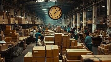 A clock hangs in the center of an Indian factory hall, surrounded by boxes and workers. 4 photo