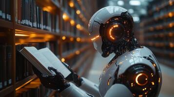 The robots hand reaching for a book in a library with orange neon accents. 6 photo