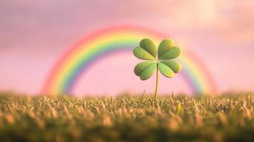 The green clover stands on grass with a pink sky background with a rainbow. 12 photo