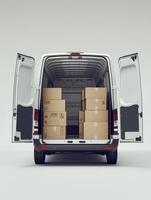 Modern delivery van with open doors, and cardboard boxes inside, isolated on a light background. 2 photo