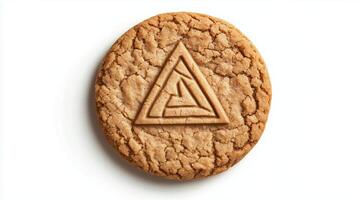 Circular cookie with the triangle simple icon on it, isolated on solid white background. 1 photo