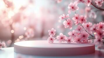 A round podium with pink sakura flowers on it, a blurred background with blooming cherry. 9 photo