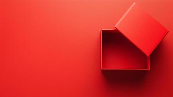Empty red present carton box with lid opened, isolated on red background. 2 photo