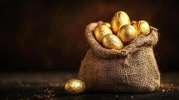 A burlap sack filled with golden chocolate eggs. 5 photo