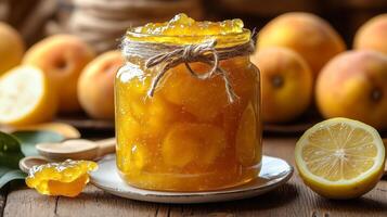 A jar of golden quince marmalade, decorated with a rustic twine bow. 14 photo