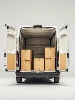 Modern delivery van with open doors, and cardboard boxes inside, isolated on a light background. 3 photo