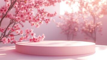 A round podium with pink sakura flowers on it, a blurred background with blooming cherry. 10 photo
