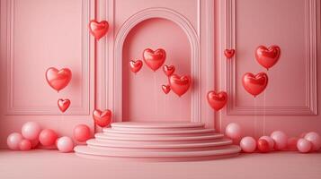 A pink wall and matching pink floor with heart-shaped balloons in red and pink tones. 12 photo
