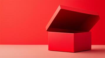 Empty red present carton box with lid opened, isolated on red background. 3 photo