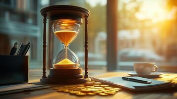 A sand-filled hourglasses with the sand flowing into the lower chamber transforms into gold coins. 10 photo
