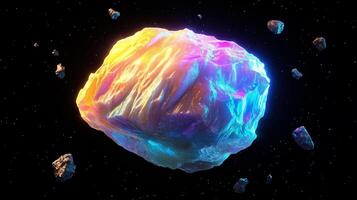 A floating, fragmented asteroid-like structure set against a pure black background. 7 photo