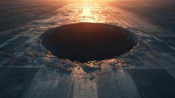 Very large, circular, dark, empty, bottomless sinkhole in the middle of an airfield strip. 7 photo