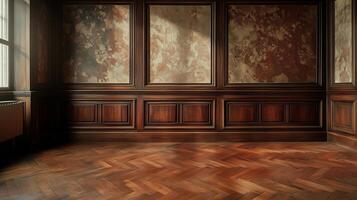 Old building with wooden parquet floor, wooden wainscoting panels and wallpaper. 13 photo