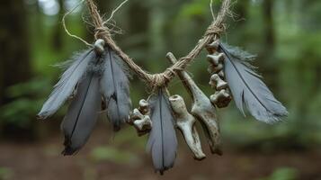 The necklace with weathered bones and dull gray feathers against a forest background. 13 photo