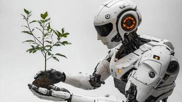 A humanoid robot planting a sapling. Mechanical hands holding the plant. 13 photo