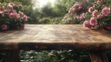 A pink apple blossoms on a wooden table with a blurred garden background. 14 photo