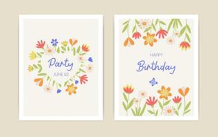 Botanical collection of postcards with decorative floral ornaments, in the form of a heart and a floral frame, with a place for the text. An elegant set of layouts for invitations, posters. vector