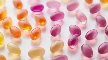 Gummy vitamins, multivitamin gels in various colors and sizes on white background. 8 photo
