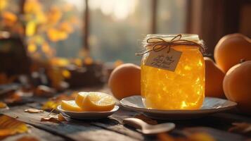 A jar of golden quince marmalade, decorated with a rustic twine bow. 15 photo