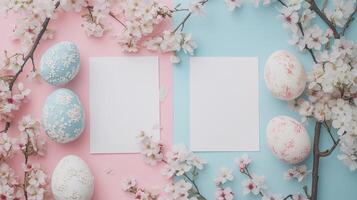 Easter card mockup with eggs, and blossoms, on a pastel pink and blue background. 19 photo